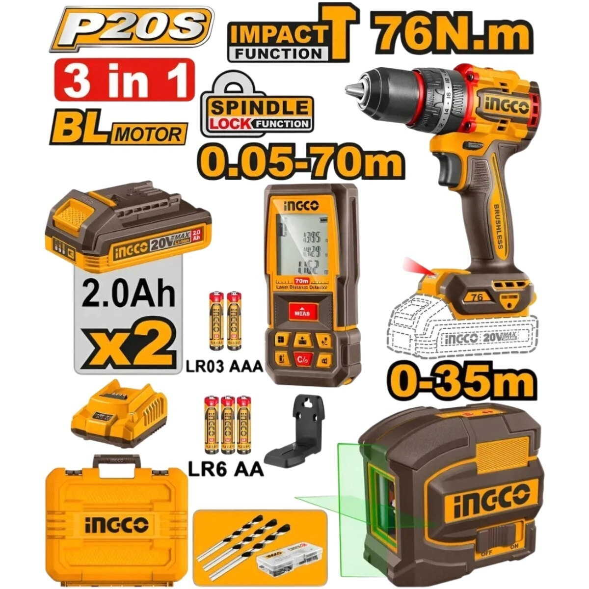 COMBO INGCO 20V TALADRO 76NM + NIVEL LASER + MEDIDOR DISTANCIA