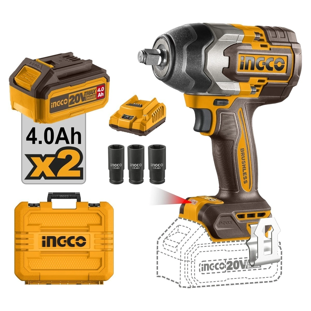 LLAVE DE IMPACTO A BATERIA 20V. 850NM. INGCO