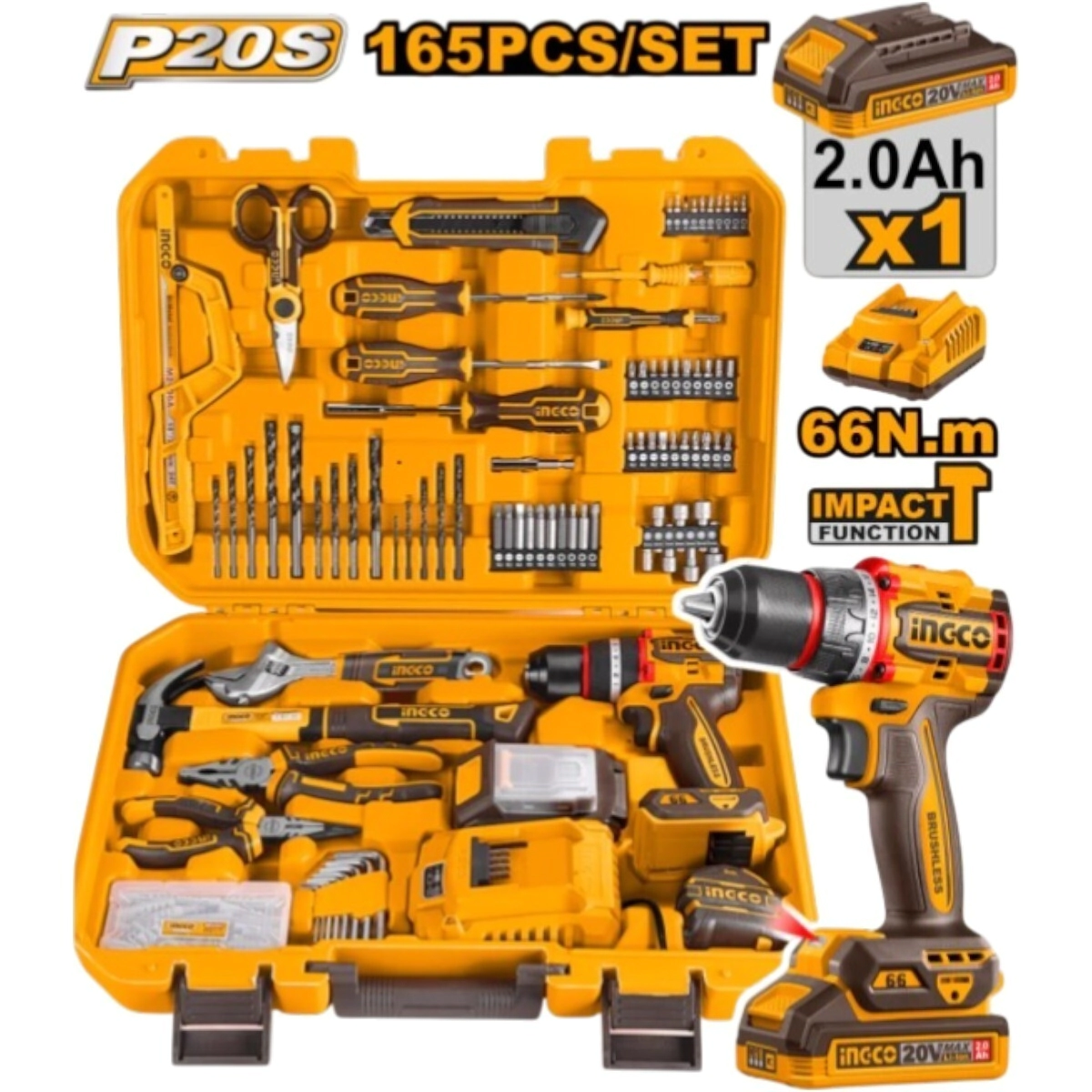 SET 165 PZS HERRAMIENTAS MANUALES + TALADRO INALAMBRICO INGCO