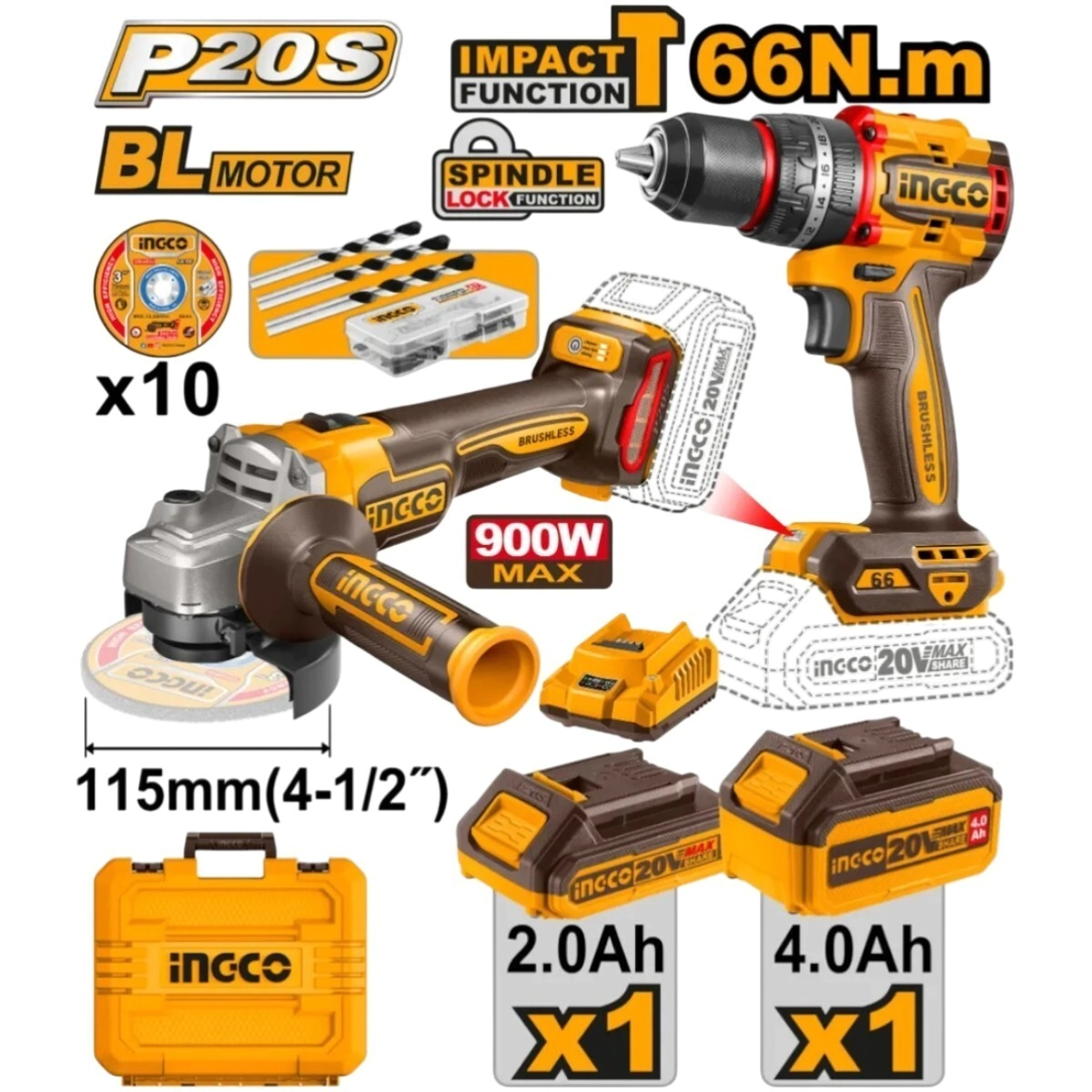 COMBO INGCO 20V TALADRO 66NM + AMOLADORA